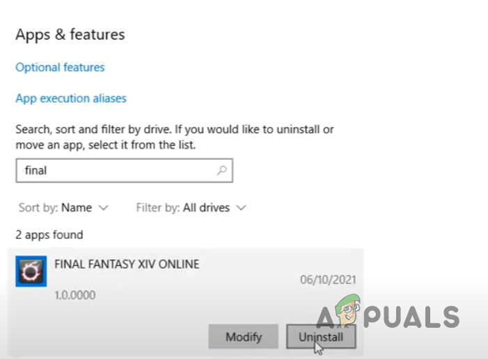 Uninstalling the game from the Apps & Features menu