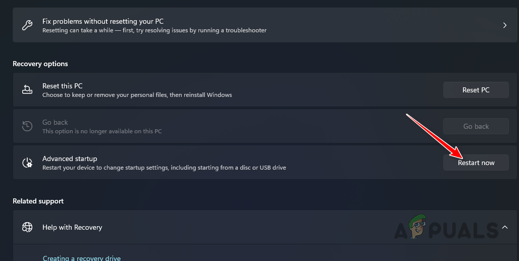 Restarting into Windows Recovery Environment