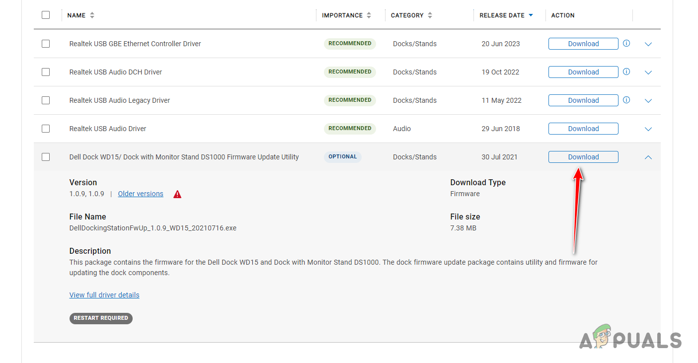 Downloading Dell Dock Firmware Update Utility