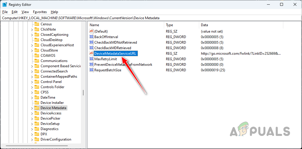 Editing DeviceMetadataServiceURL Key