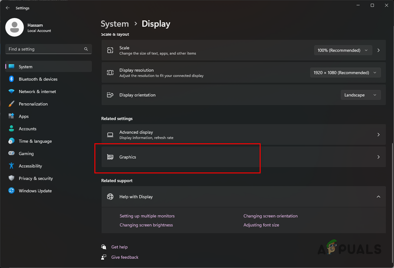 Navigating to Graphics Settings