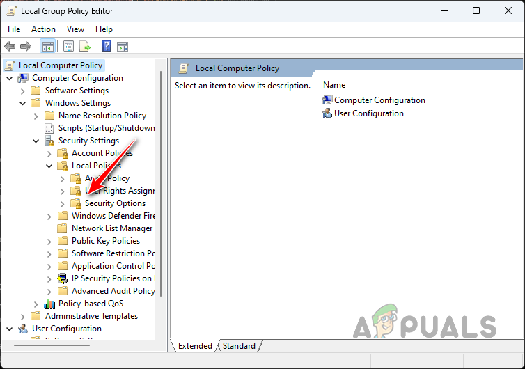Navigating to Security Options Policies