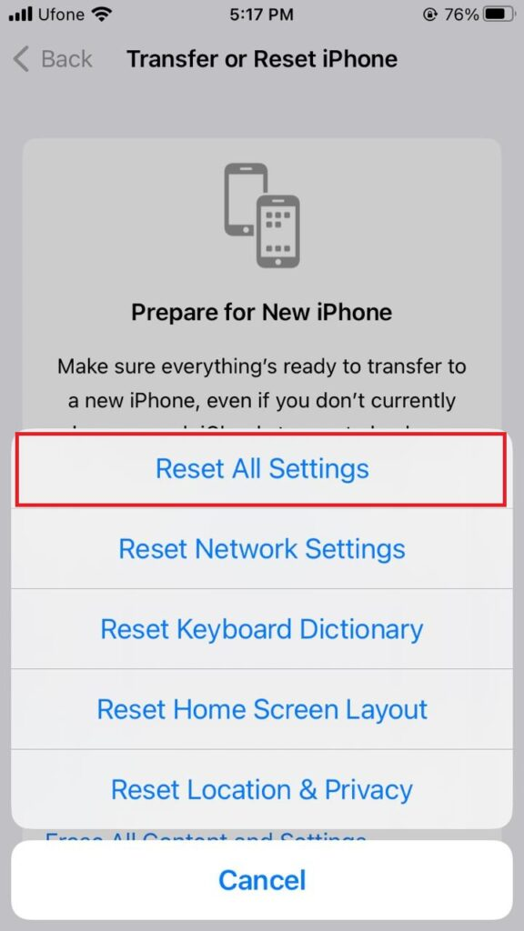 Reset All Settings iPhone
