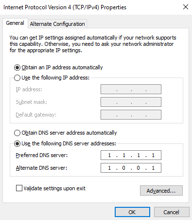 Specified DNS server addresses in Internet Protocol Version 4 (TCP/IPv4) properties.