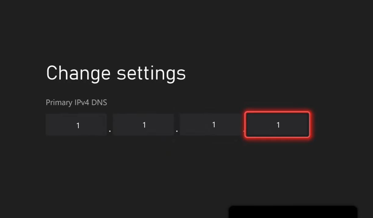 Primary IPv4 DNS set to 1.1.1.1 on Xbox.