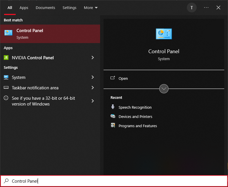 'Control Panel' searched in the Windows search bar.
