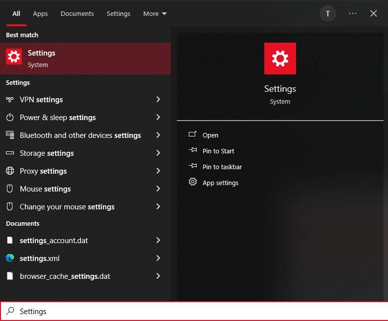 'Settings' typed inside the Windows search bar.