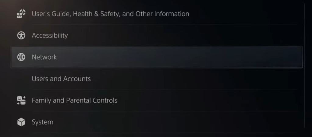 PlayStation general settings hovering on the 'Network' button.