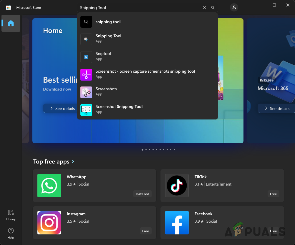 Searching for the Snipping Tool