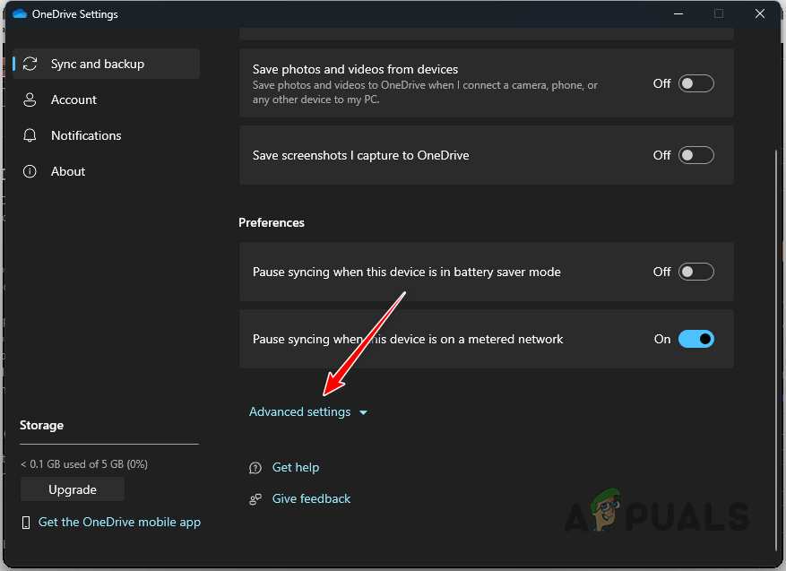 Expanding Advanced Settings in OneDrive