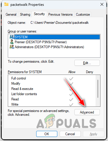 Navigating to Advanced Security Settings