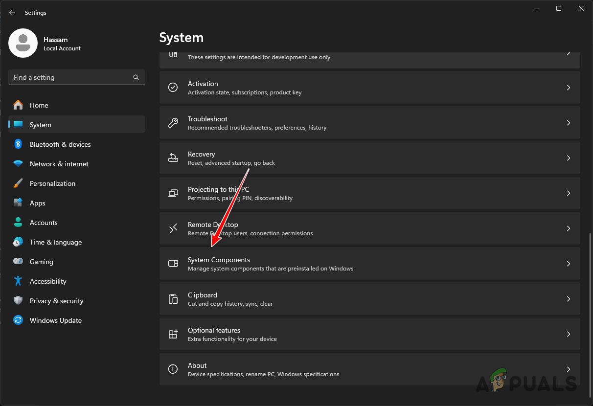 Navigating to System Components Menu