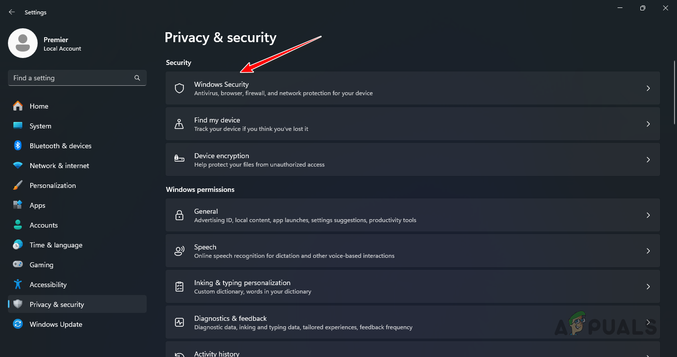 Navigating to Windows Security