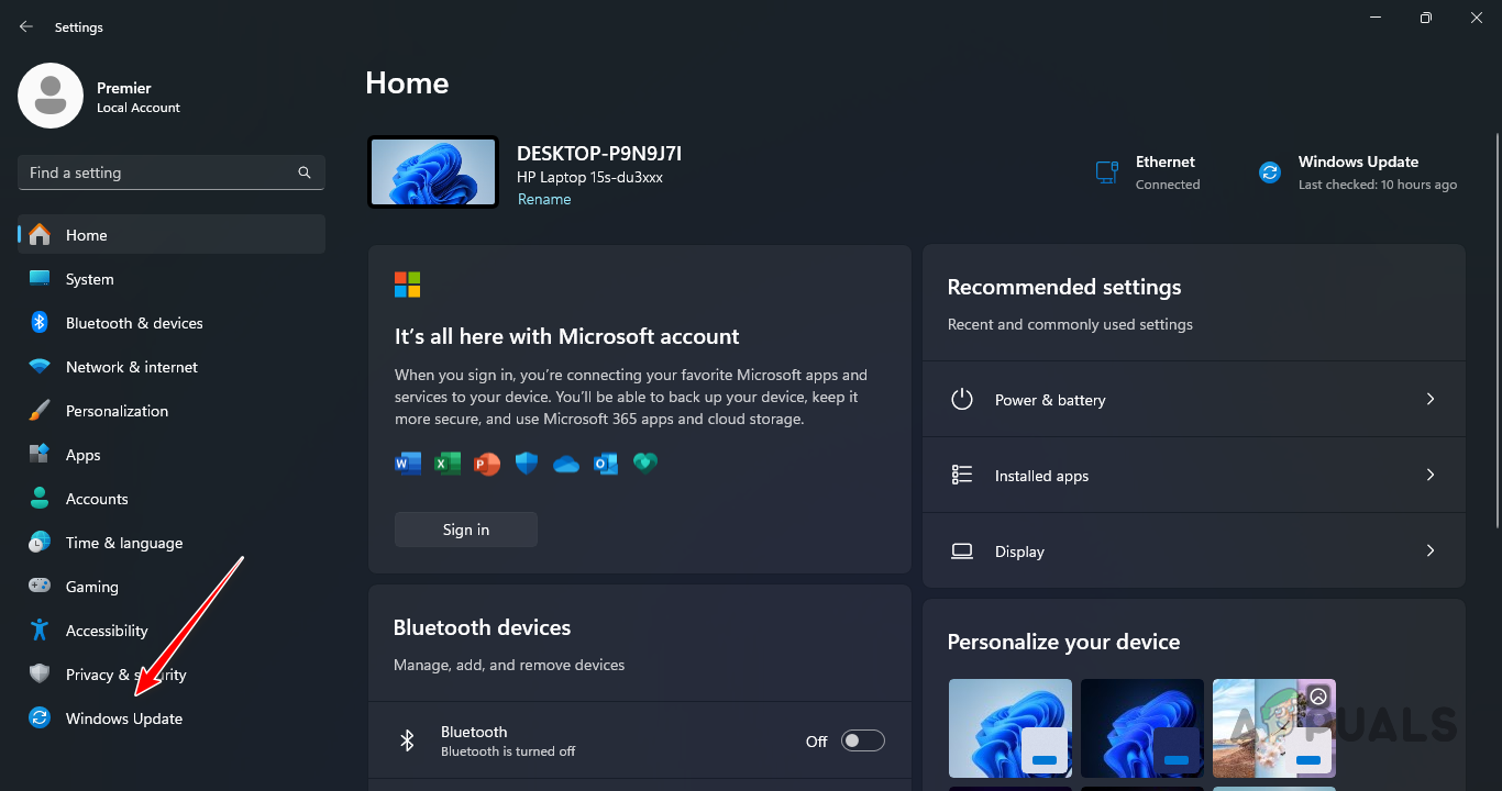 Navigating to Windows Update