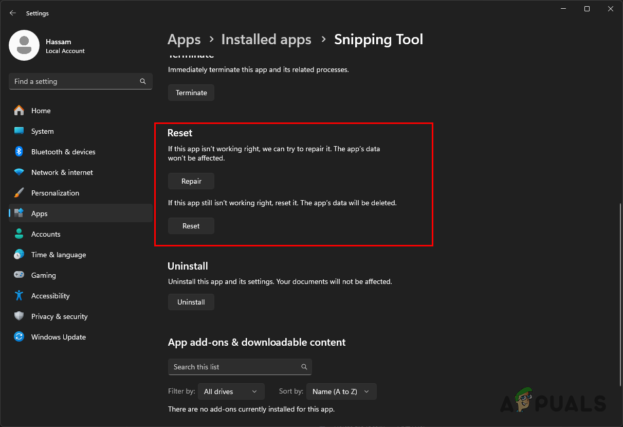 Resetting and Repairing the Snipping Tool