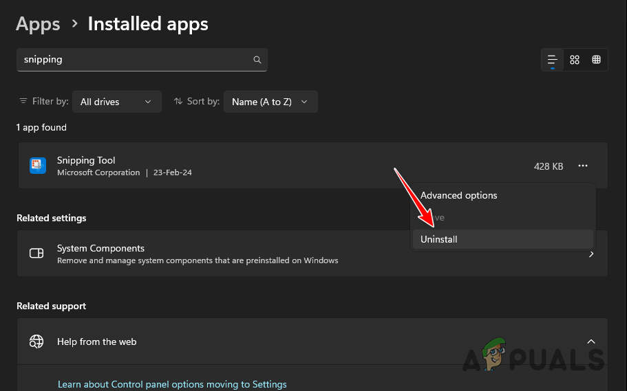 Uninstalling the Snipping Tool