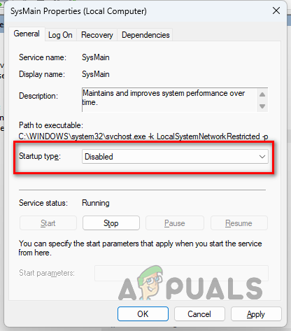 Changing SysMain Startup Type to Disabled