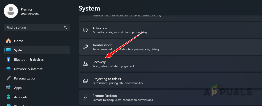 Navigating to Recovery Settings
