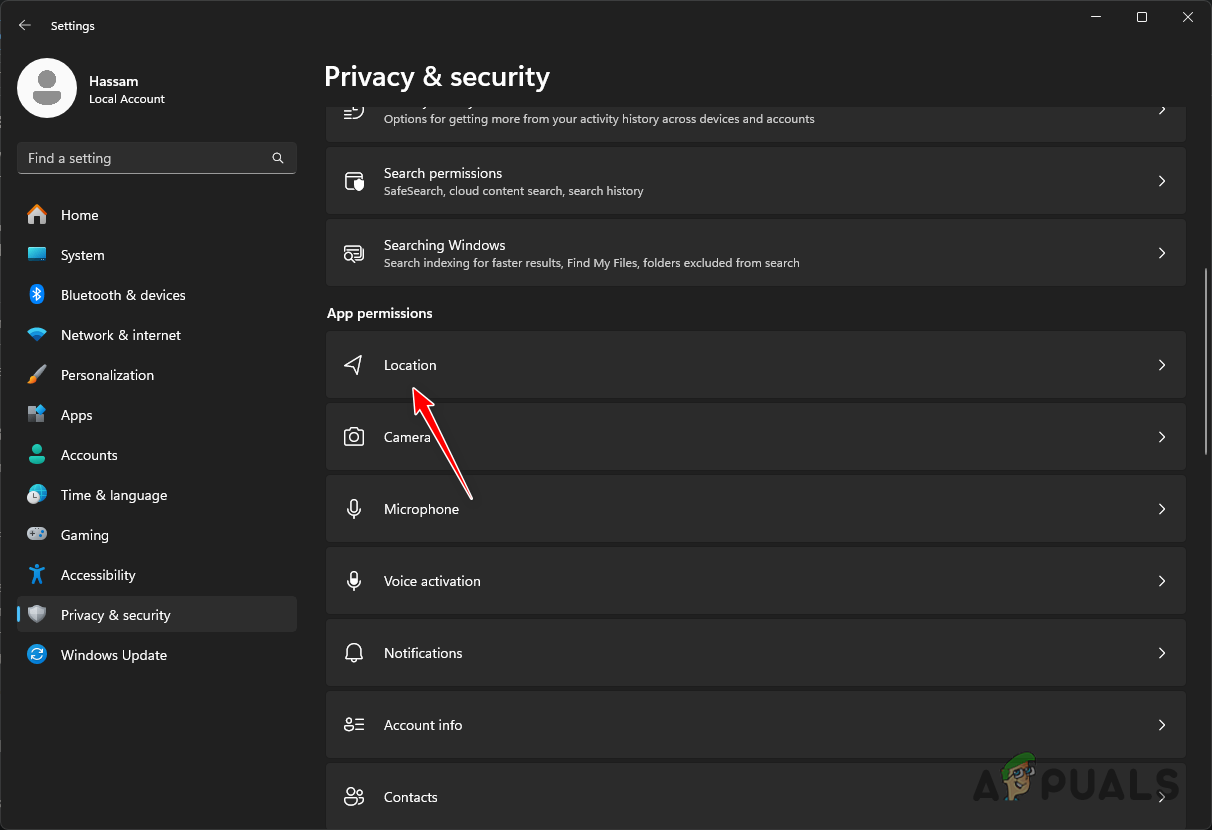 Navigating to Location Settings
