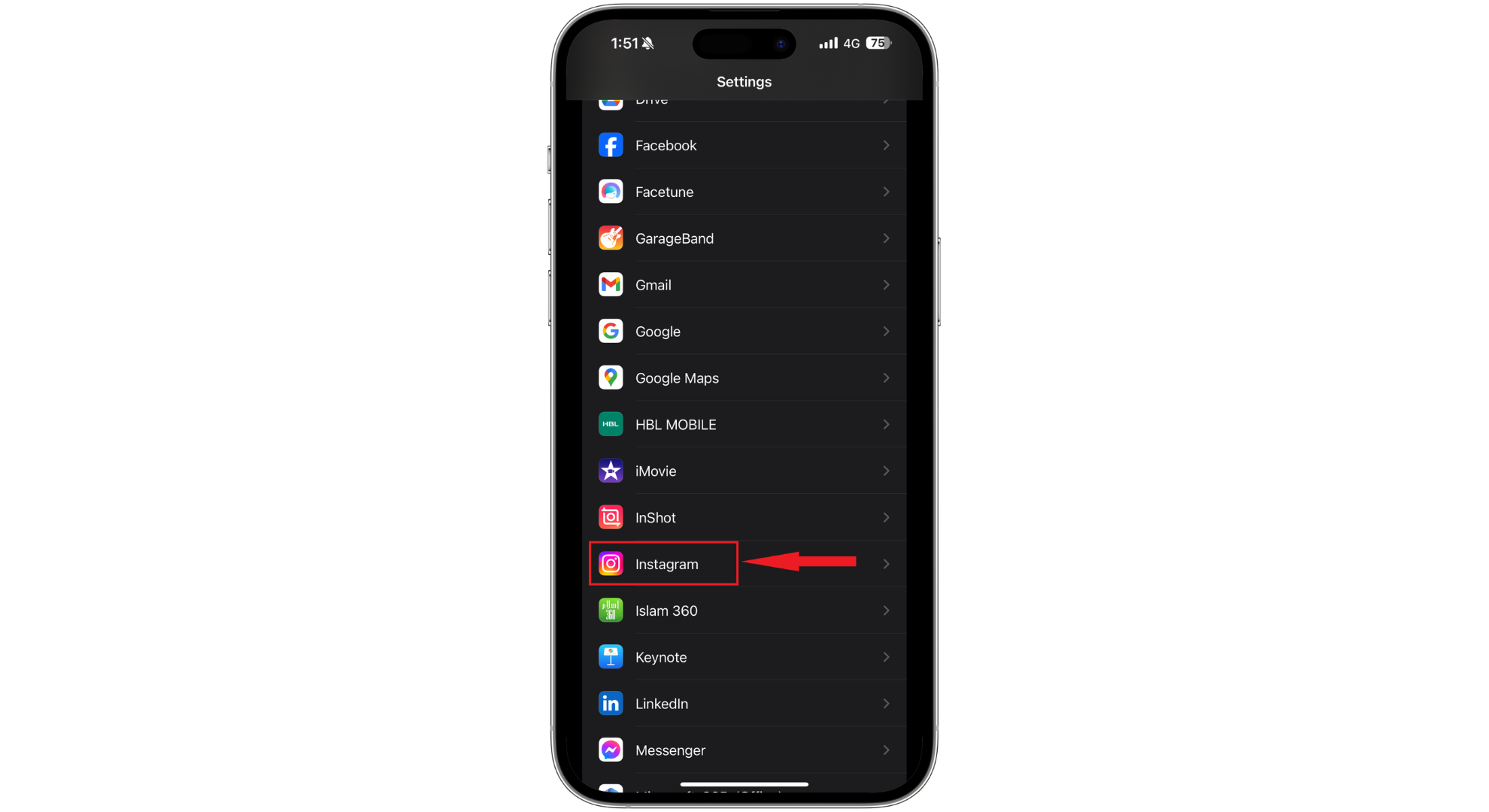 Find Instagram in settings