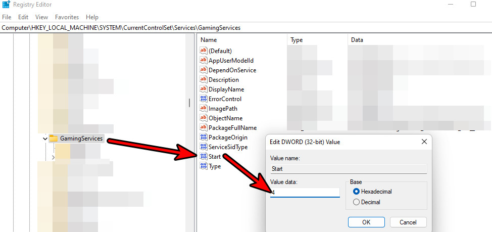 Set Start Value to 4 for the Gaming Services in the System's Registry