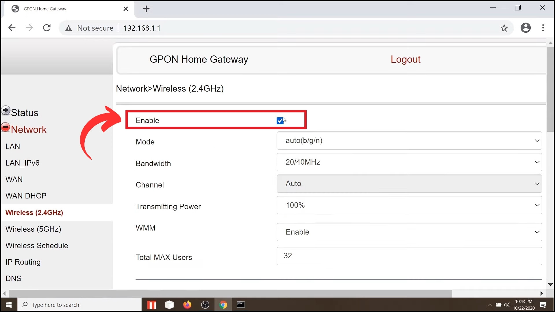 Set the band to 2.4GHz