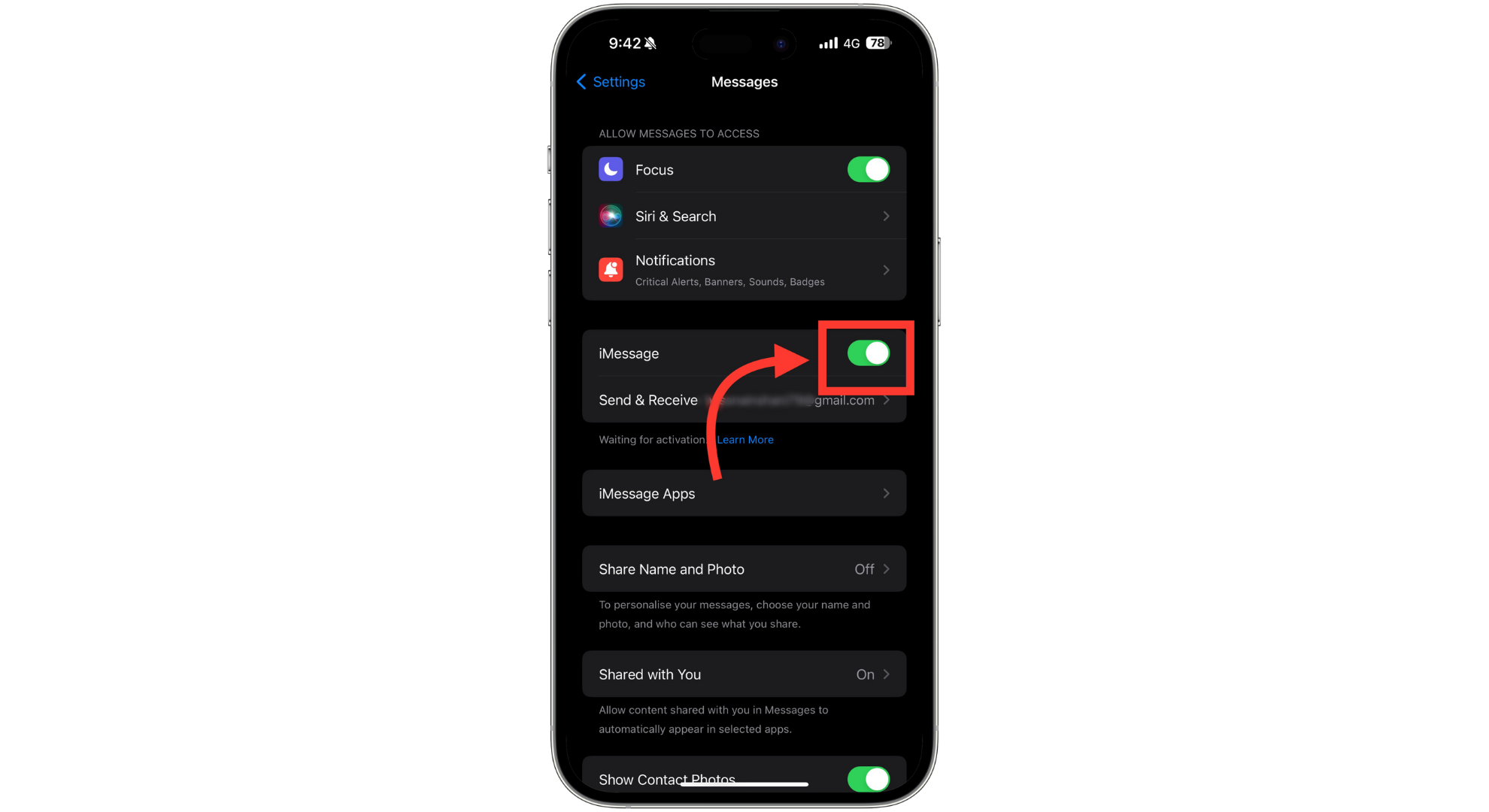 Tap the iMessage toggle