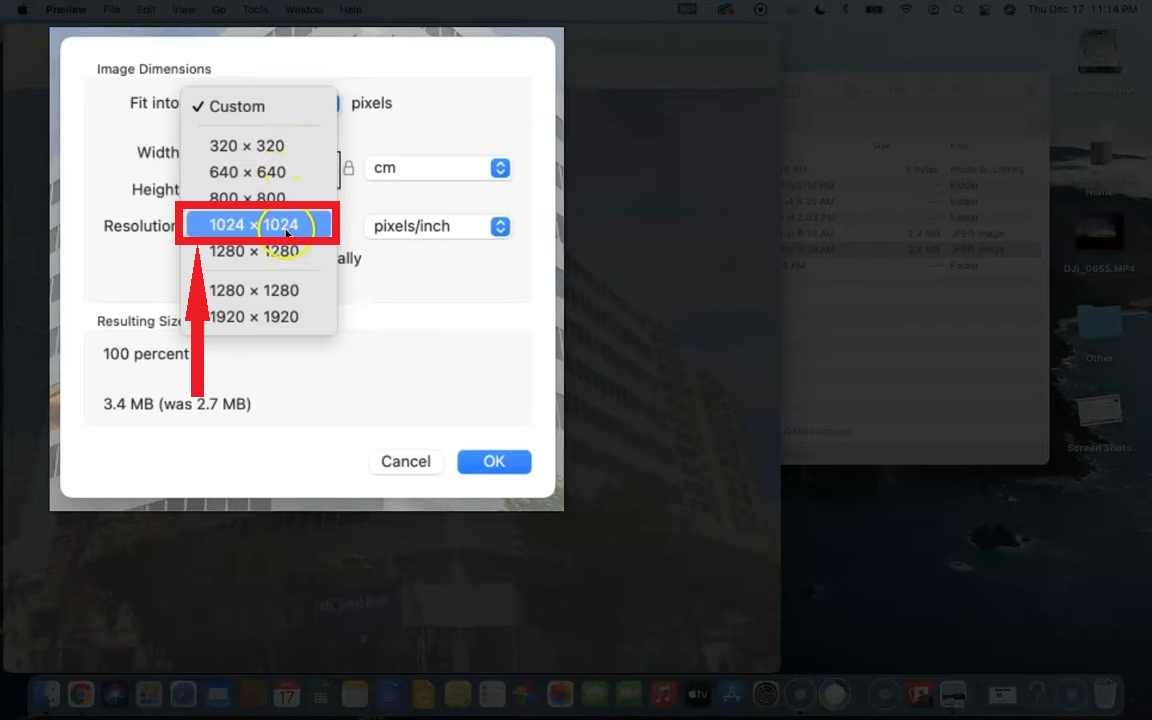 Choose the size from drop down menu