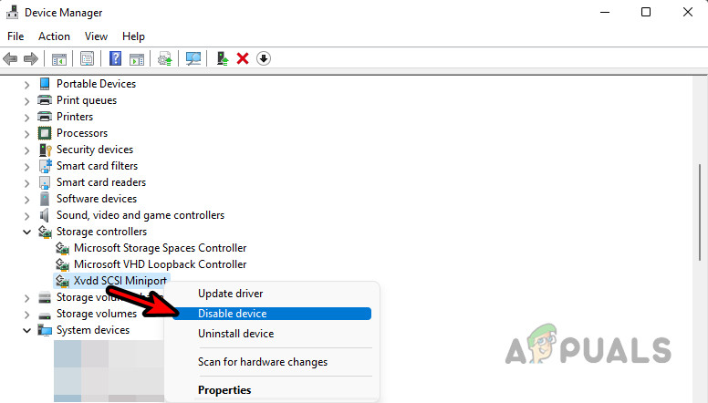 Disable XVDD SCSI Miniport in the Device Manager
