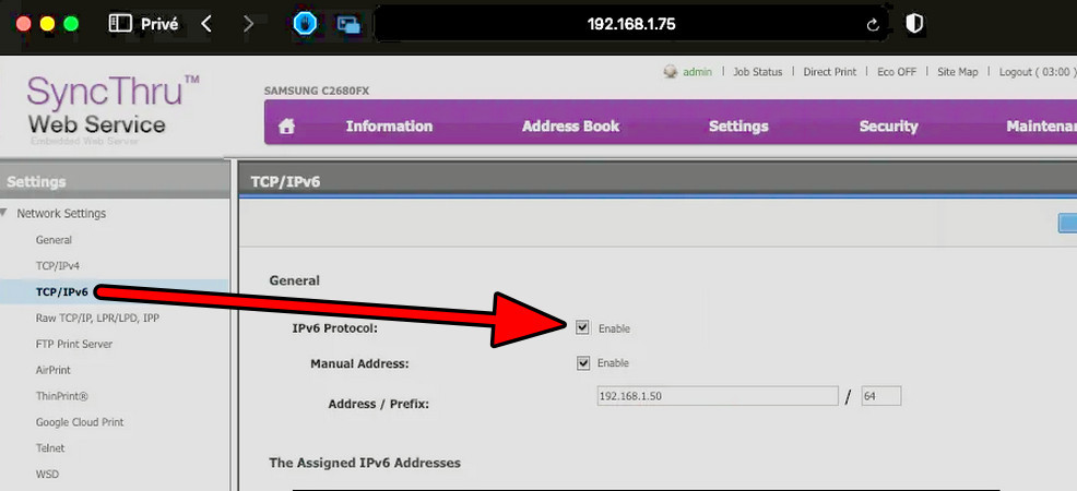 Enable IPv6 Protocol on the Printer