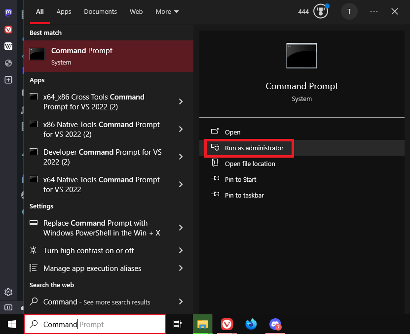Command Prompt on Windows Search Bar.