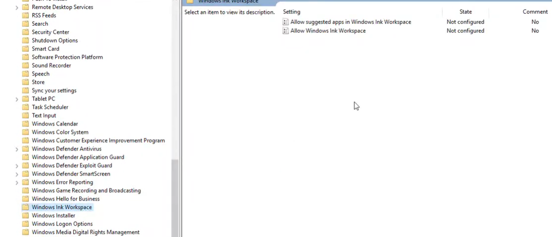 Navigating to Ink Workspace setting