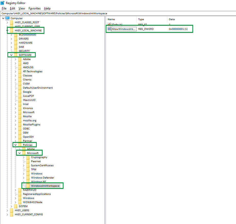 Navigating to Ink Workspace registry