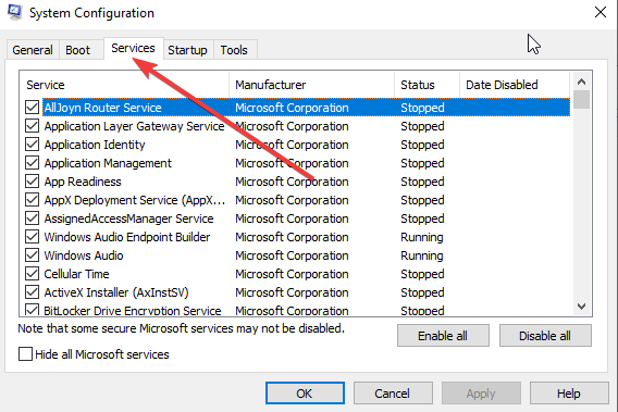 Services tab in msconfig