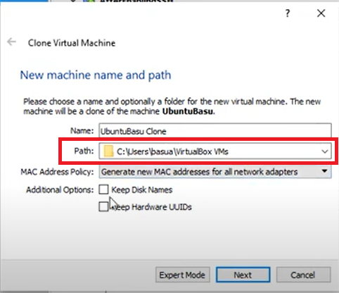 Changing clone path in VirtualBox