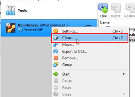 Selecting Clone in VirtualBox