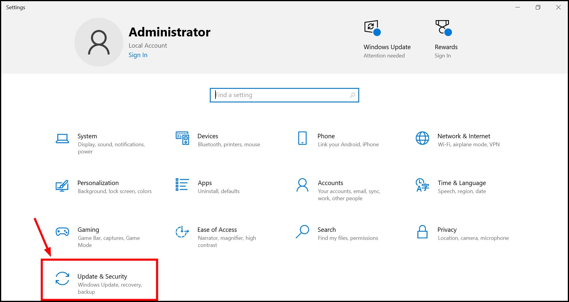 Go to Update and Security