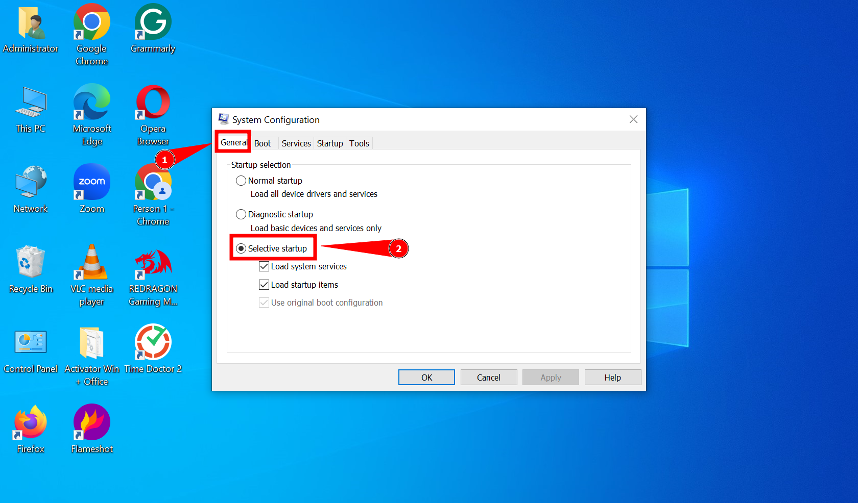 Click on Selective startup