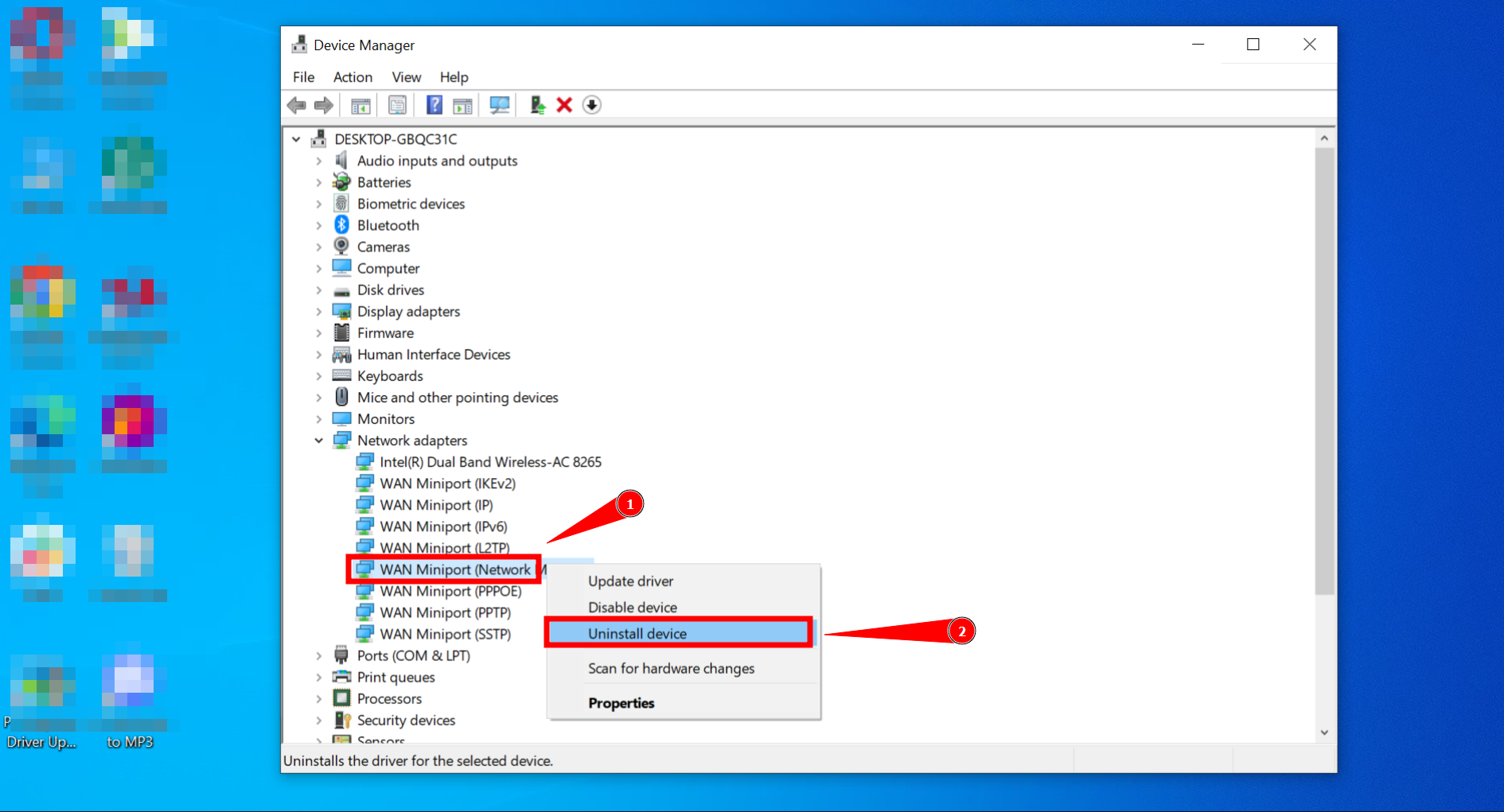 Select Uninstall device