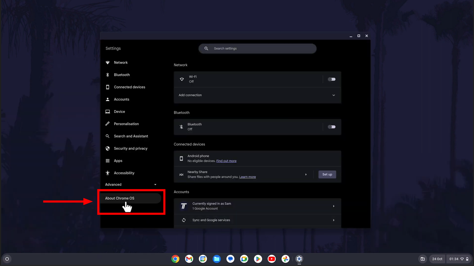 Click on About Chrome OS