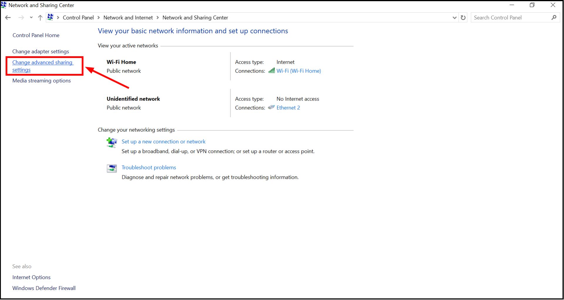 Click on Change Adapter settings