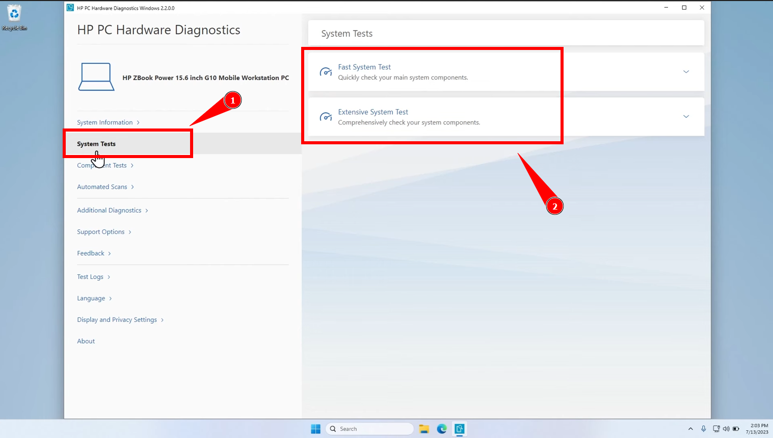 Click on System Tests