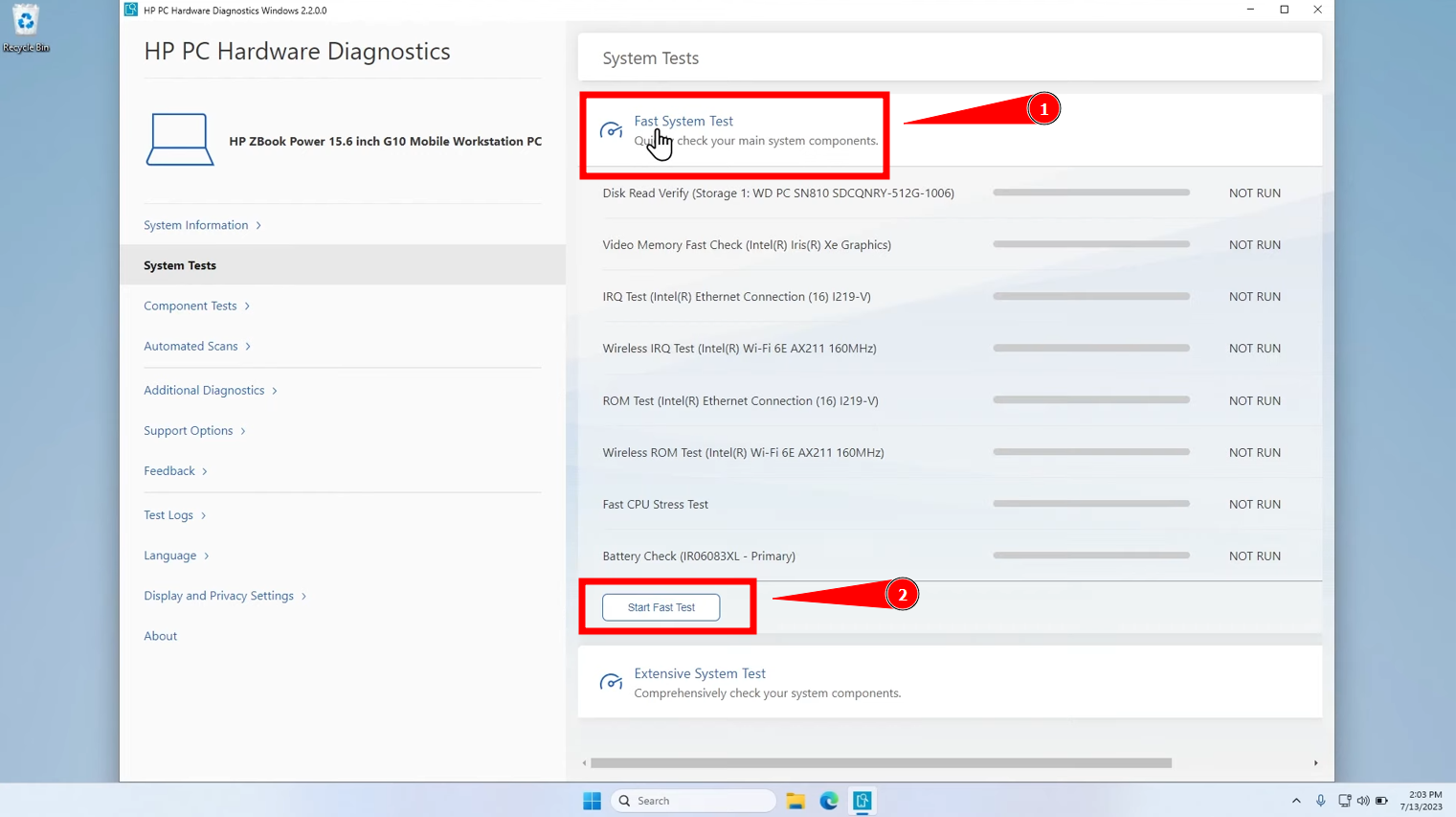 Click Start Fast Test