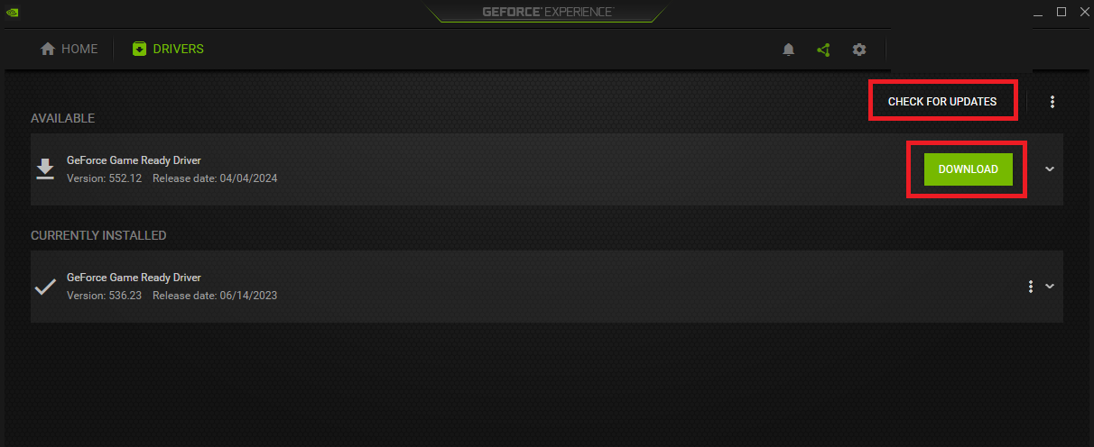Checking for Updates in GeForce Experience