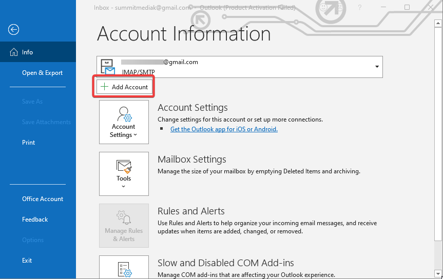 Add account on outlook