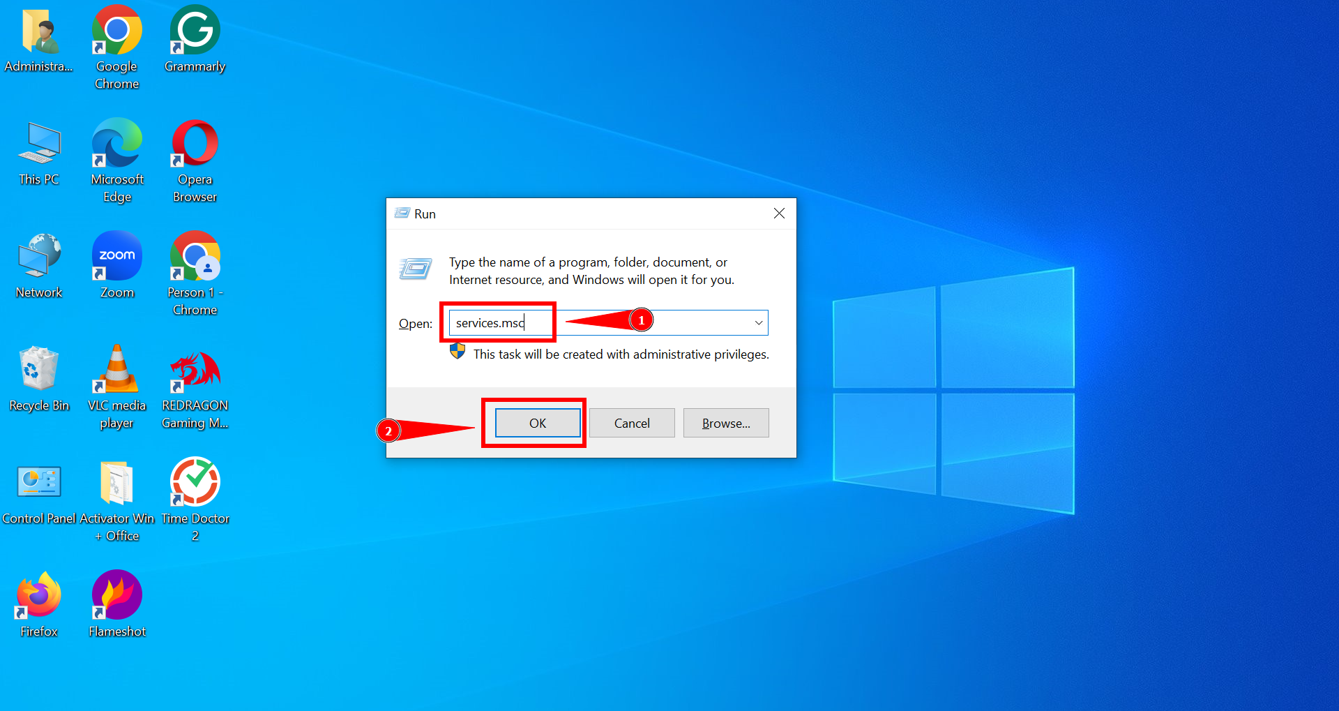 Click OK to open Services
