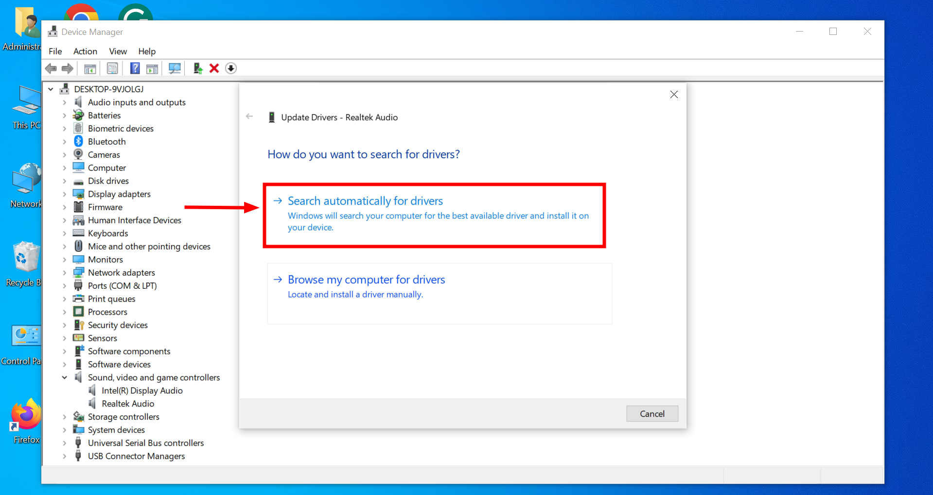 Click Search automatically for drivers