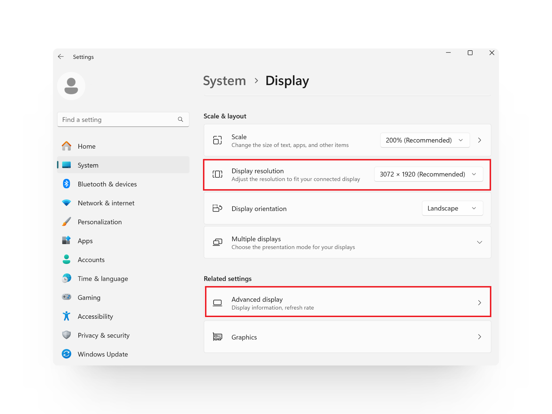 display resolution and advanced display settings