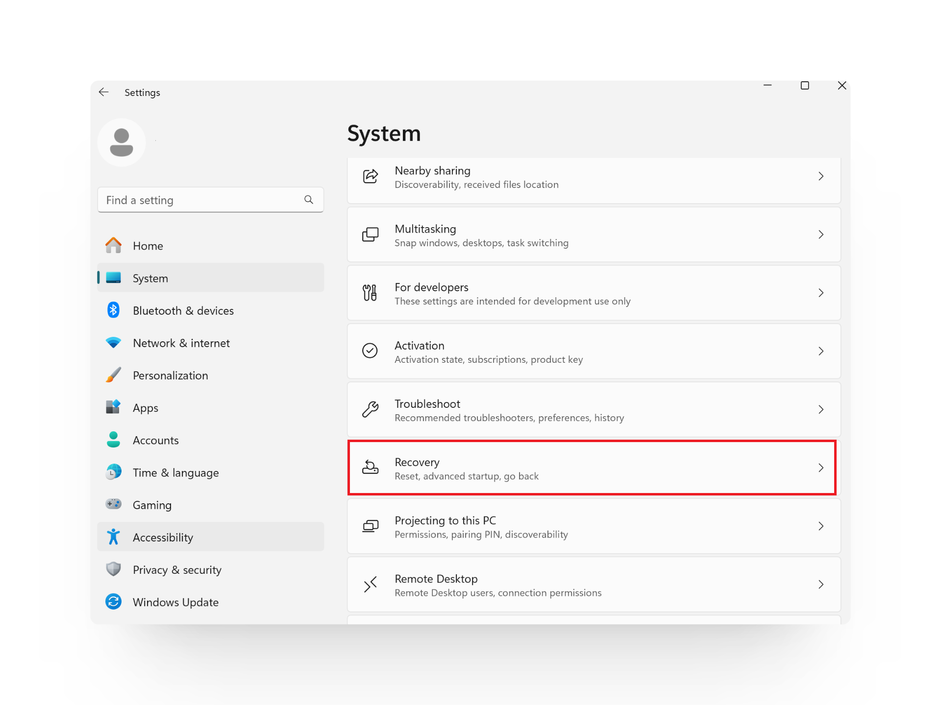 Recovery in Windows Settings