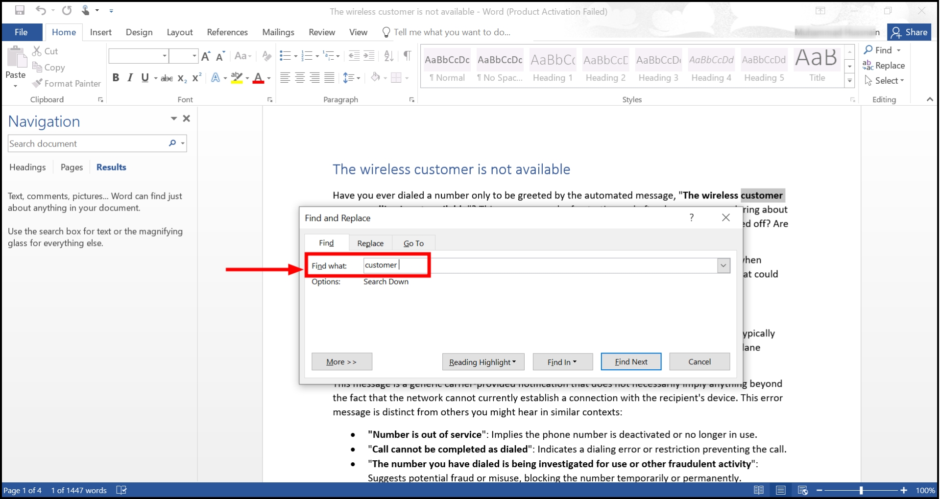 Enter the text in Find 